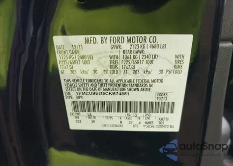 2012 Ford Escape Limited из США, поврежденный, VIN 1FMCU9EG5CKB74551